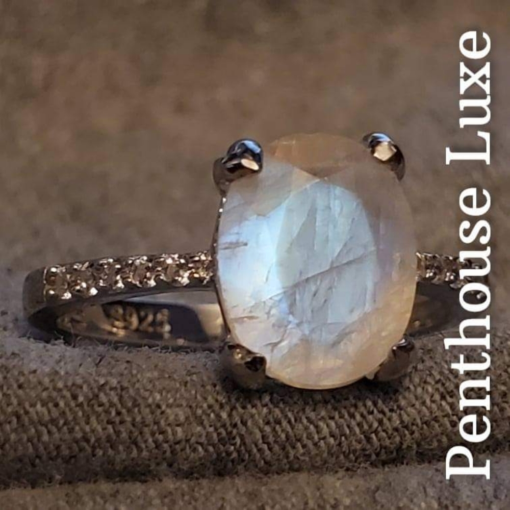REAL Moonstone Radiant Oval Cut Sterling Silver Ring